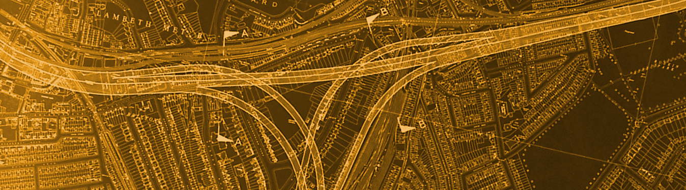 Plan drawing of a three-level motorway interchange superimposed over a map showing streets of Victorian terraced housing. The plan has been colourised black and orange
